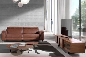 3219 - Walnut and Black Steel Tv Cabinet With Interior Lighting