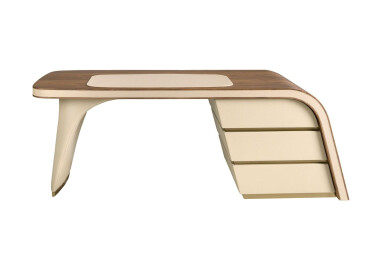 3268 - Writing Desk in Walnut and Wood Upholstered in Cream Leatherette